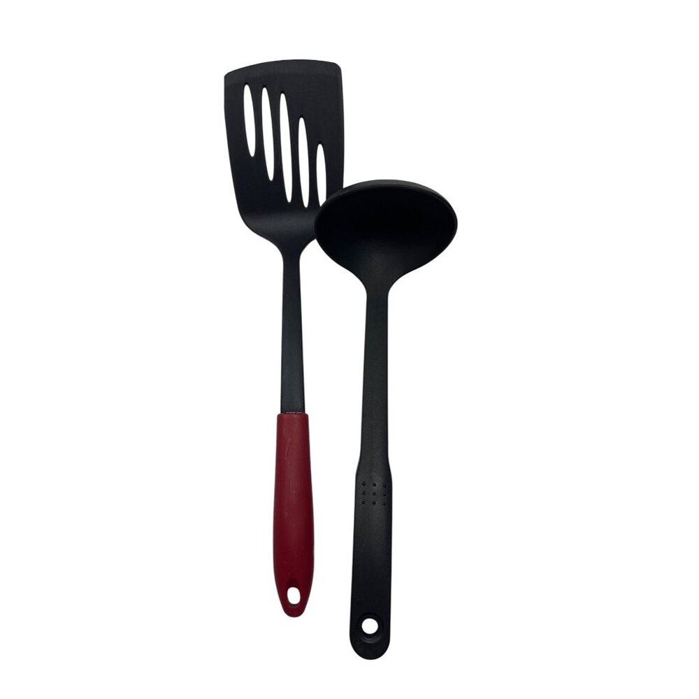 Red & Black Nylon Kitchen Utensil Set - Slotted Spatula & Ladle For Cooking 9e